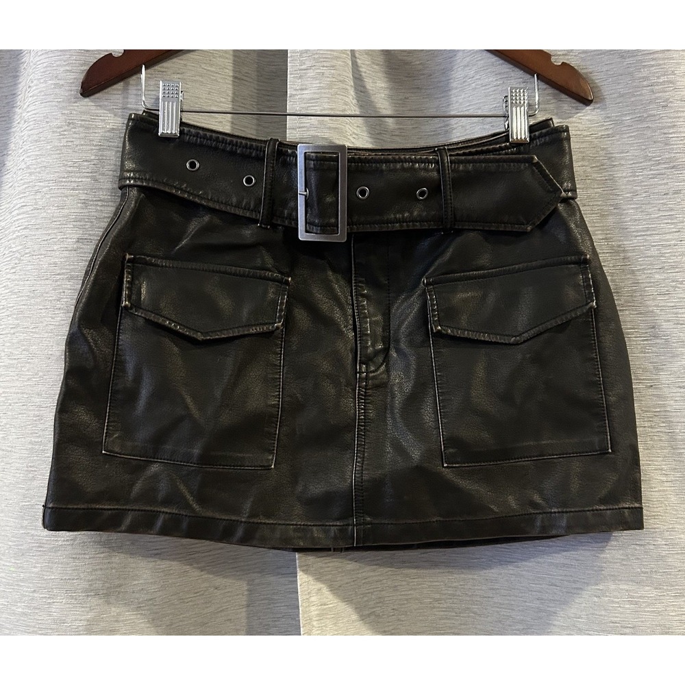 Ci Sono Skirt Womens M Black Faux Leather High Rise Belted Pleated Preppy Chic